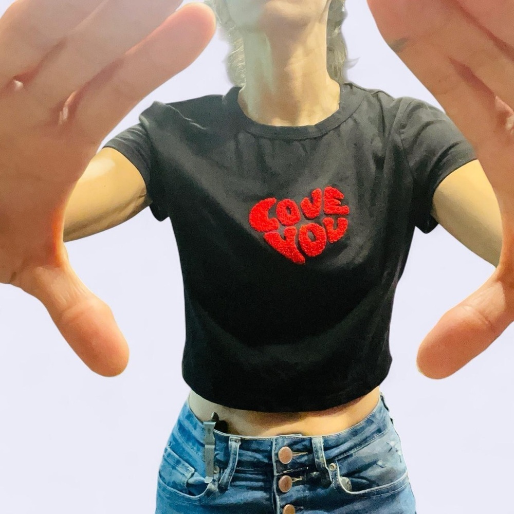 Black Crop T-Shirt Tee Embroidered Flocked Love You Medium